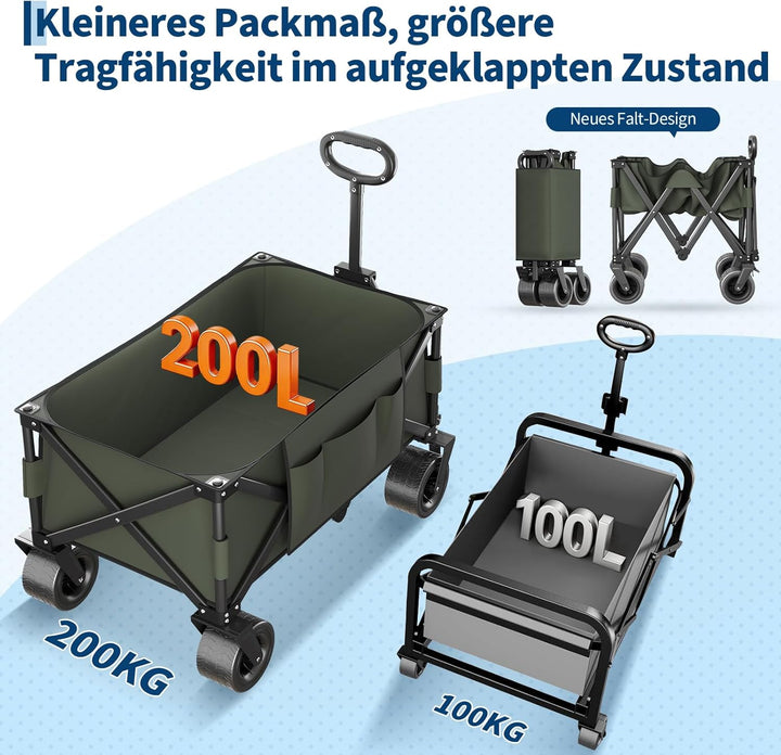 GarveeLife XXL Bollerwagen Faltbar, 200kg Belastbar &amp; 200L Volumen, Handwagen mit Bremsen &amp; 20cm Off