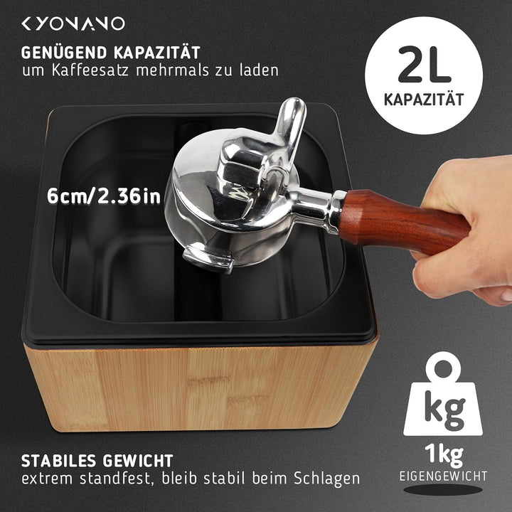 KYONANO Abklopfbehälter für Siebträger - Barista Zubehör, Knock Box aus Bambus & Schwarzer Edelstahl