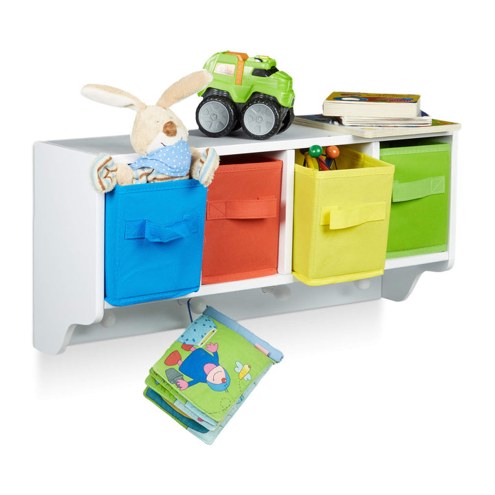 Relaxdays Kinder Wandregal ALBUS, Wandgarderobe mit 4 Kleiderhaken, Kinderregal mit 4 bunte Faltboxe