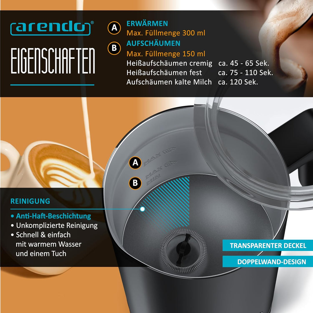 Arendo - Milchaufschäumer elektrisch 4 in 1 – Doppelwandgehäuse – 4 Programme - heiss und kalt aufsc