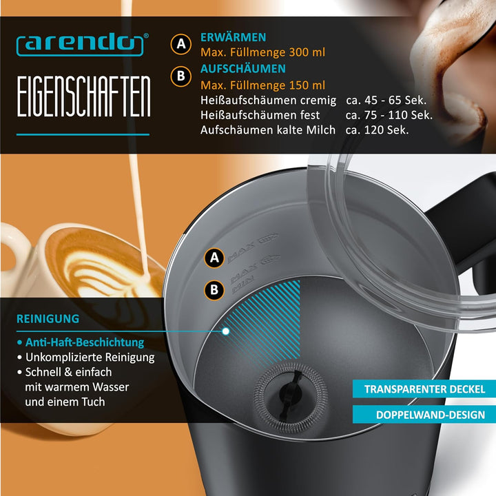 Arendo - Milchaufschäumer elektrisch 4 in 1 – Doppelwandgehäuse – 4 Programme - heiss und kalt aufsc