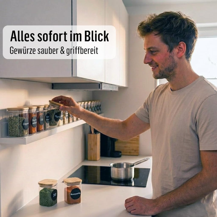 Deco haus Gewürzgläser Eckig mit Gewürzetiketten 10er Set - Gewürzdosen Set mit Holzdeckel Vorratsgl