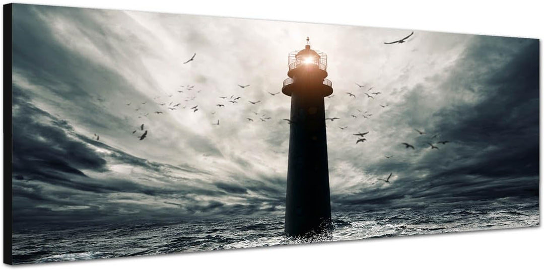 Paul Sinus Art Panoramabild auf Leinwand und Keilrahmen 150x50cm Meer Sturm Wellen Leuchtturm Vögel