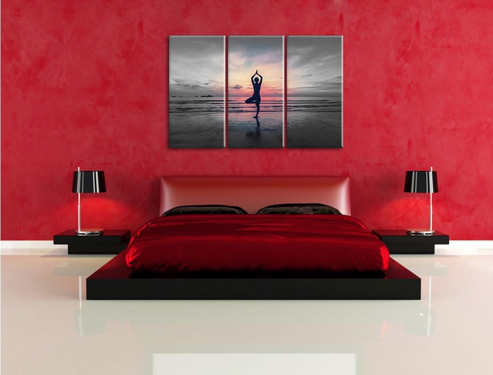 Pixxprint Yoga am Strand als Leinwandbild | Grösse: 3 Teilig (120x80) | Wandbild| Kunstdruck | ferti