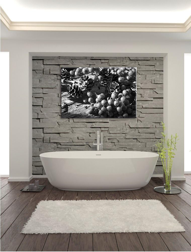 Pixxprint Vogelbeeren und Tannenzapfen Kunst B&W, Format: 100x70 auf Leinwand, 100x70