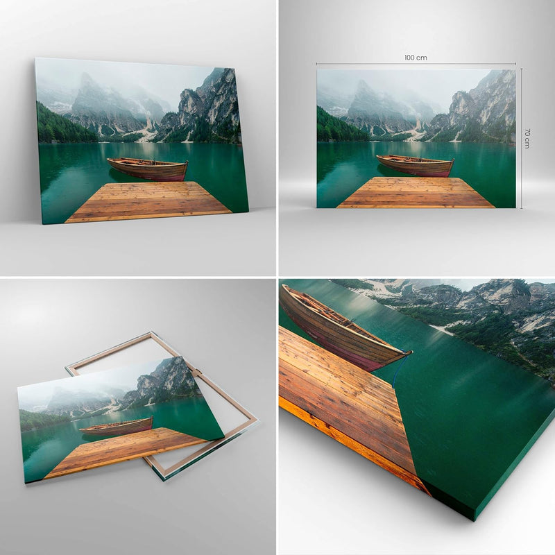 Bilder auf Leinwand 100x70cm Leinwandbild mit Rahmen Berge See Boot Gross Wanddeko Bild Schlafzimmer