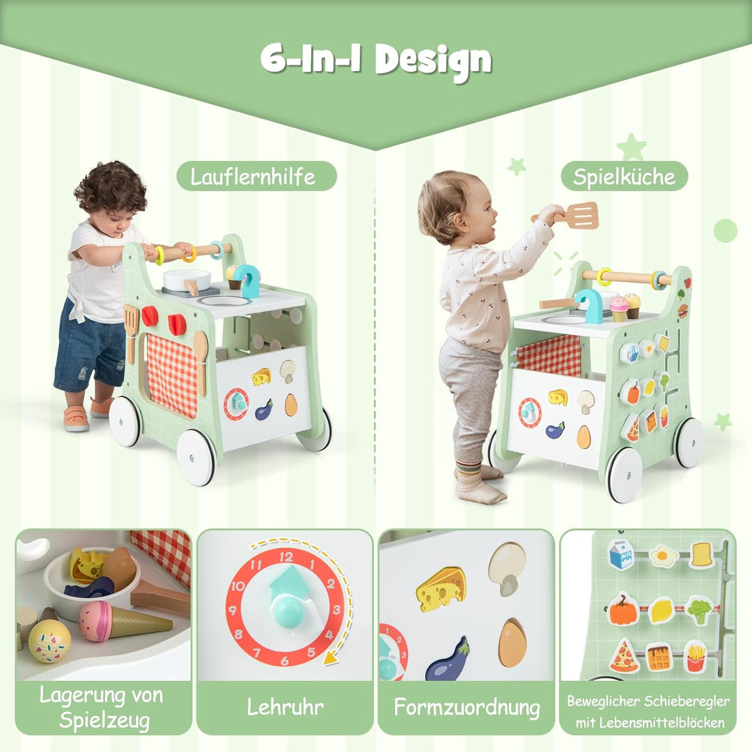 GOPLUS 6 in 1 Lauflernhilfe aus Holz, Lauflernwagen mit Spielküche, Formanpassung, beweglichem Schie