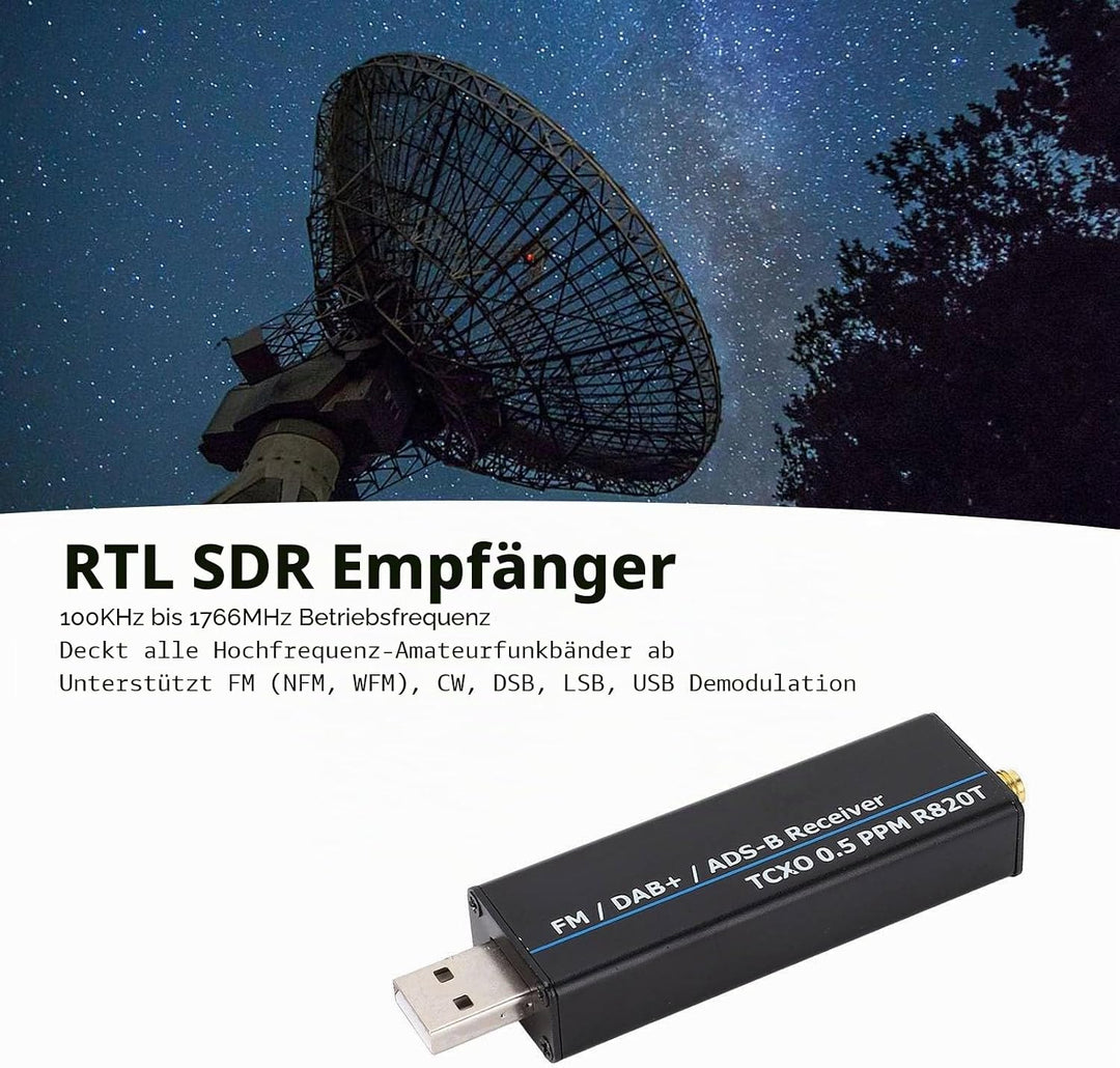RTL-SDR-Empfänger, 100 kHz Bis 1766 MHz Software Defined Radio, Vollband RTL2832U R820T2 0,5 PPM TCX