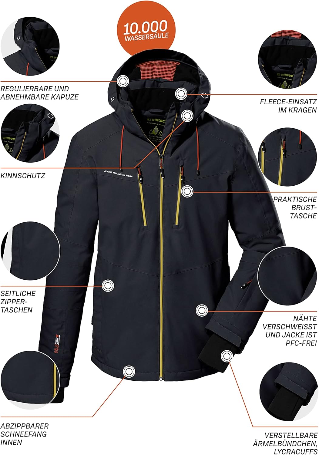 Killtec Herren Skijacke Ksw 44 Mn Ski Jckt/Funktionsjacke mit abzippbarer Kapuze, 10.000 mm Wassersä