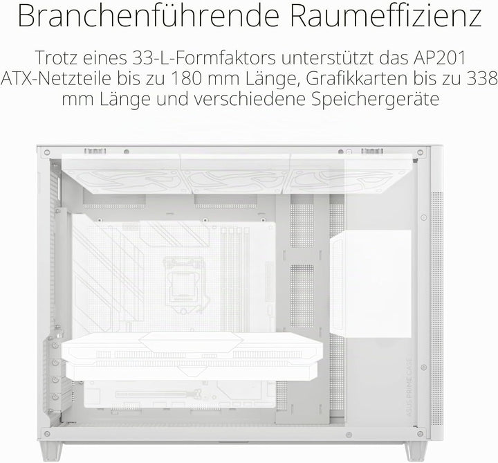ASUS Prime AP201 MicroATX Gehäuse weiss (33 Liter, unterstützt 280- &amp; 360-mm-Kühler, Grafikkarten bi