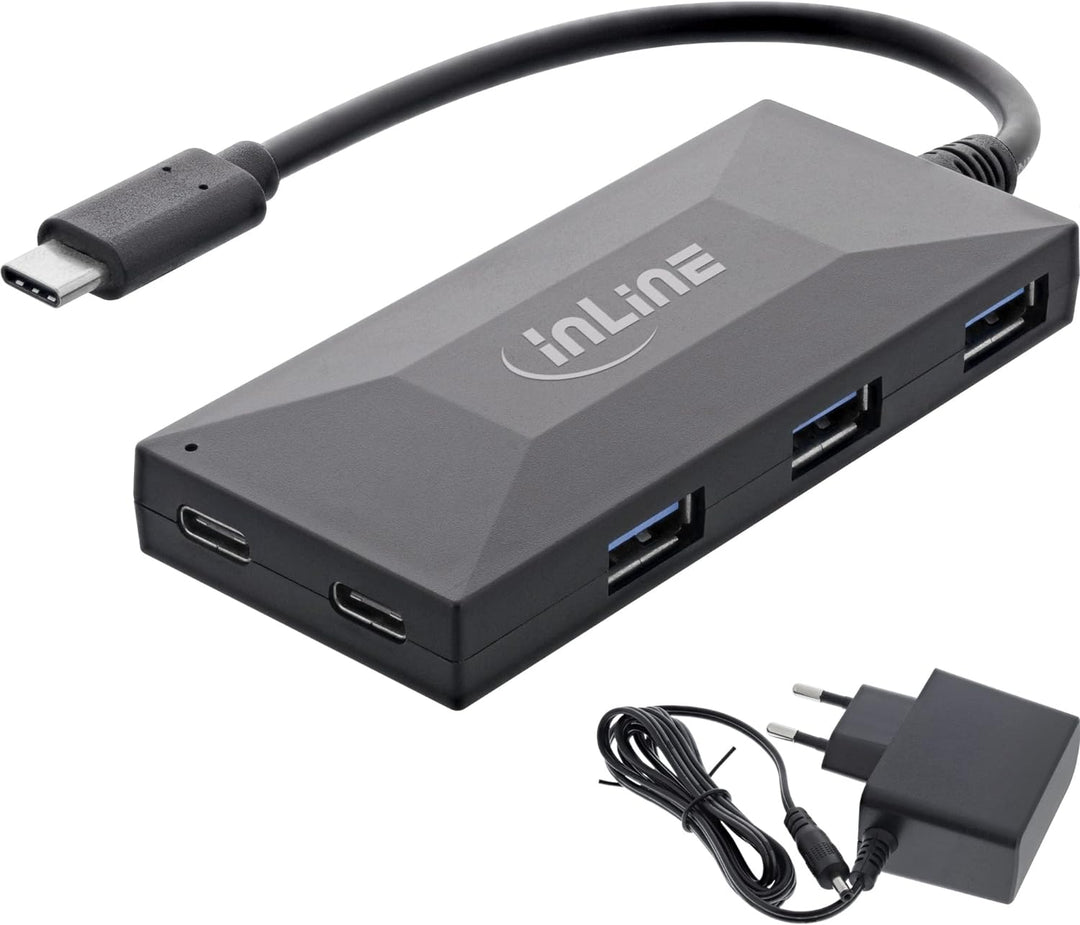 InLine® USB 3.2 Gen 1 OTG Hub, USB Typ-C zu 3 Port Typ-A und 2 Port Typ-C, mit 3A Netzteil, schwarz