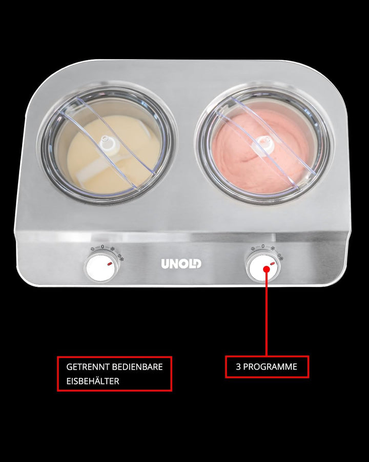Unold 48830 Doppio Bianco Eismaschine, Speiseeisbereiter mit Kompressor inkl. 2 Eisbehälter (je 1,2