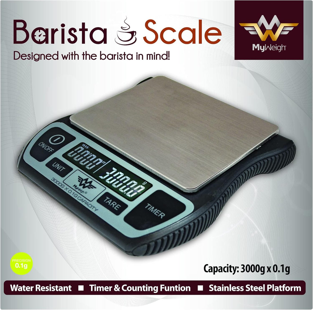 My Weigh Barista Waage Wasserfeste Küchenwaage mit Timer & USB wiederaufladbar 3000 g x 0,1 g