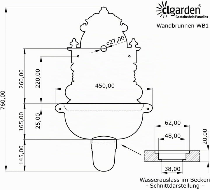 Wandbrunnen von CLGarden WB1 im nostalgischen Design Gartenbrunnen Wasserzapfstelle mit Waschbecken