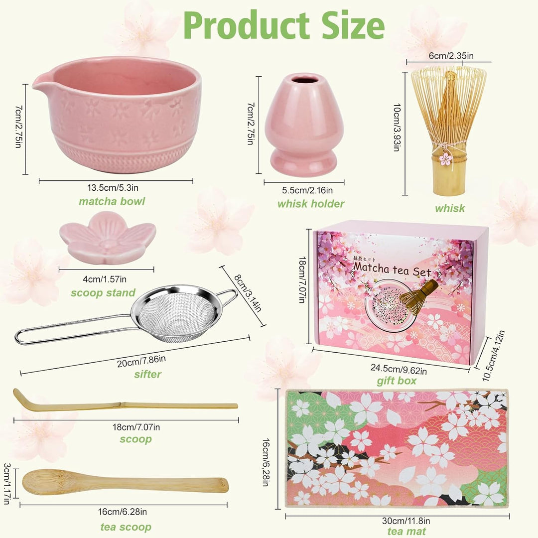 Matcha Set- 8 Stück Macha Tea Set mit Besen, Filtersieb, Schale,Löffel Teetuchunterlage,Geschenkset