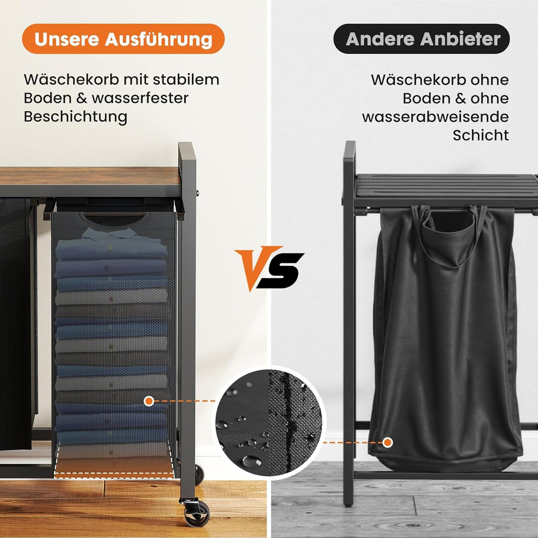 Sweetcrispy Wäschesammler mit Rollen, Wäschekorb 4 Fächer, 160 L, Schwarz | mit Ablage, 4 abnehmbare