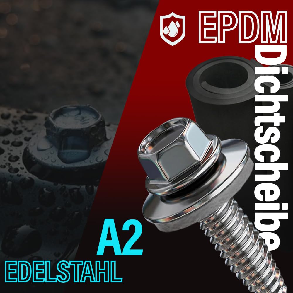 VOOXA 100 Stück Dünnblechschrauben 6,0x38mm, SW8, Bi-Metall Edelstahl A2 mit Stahlspitze, 16mm EPDM