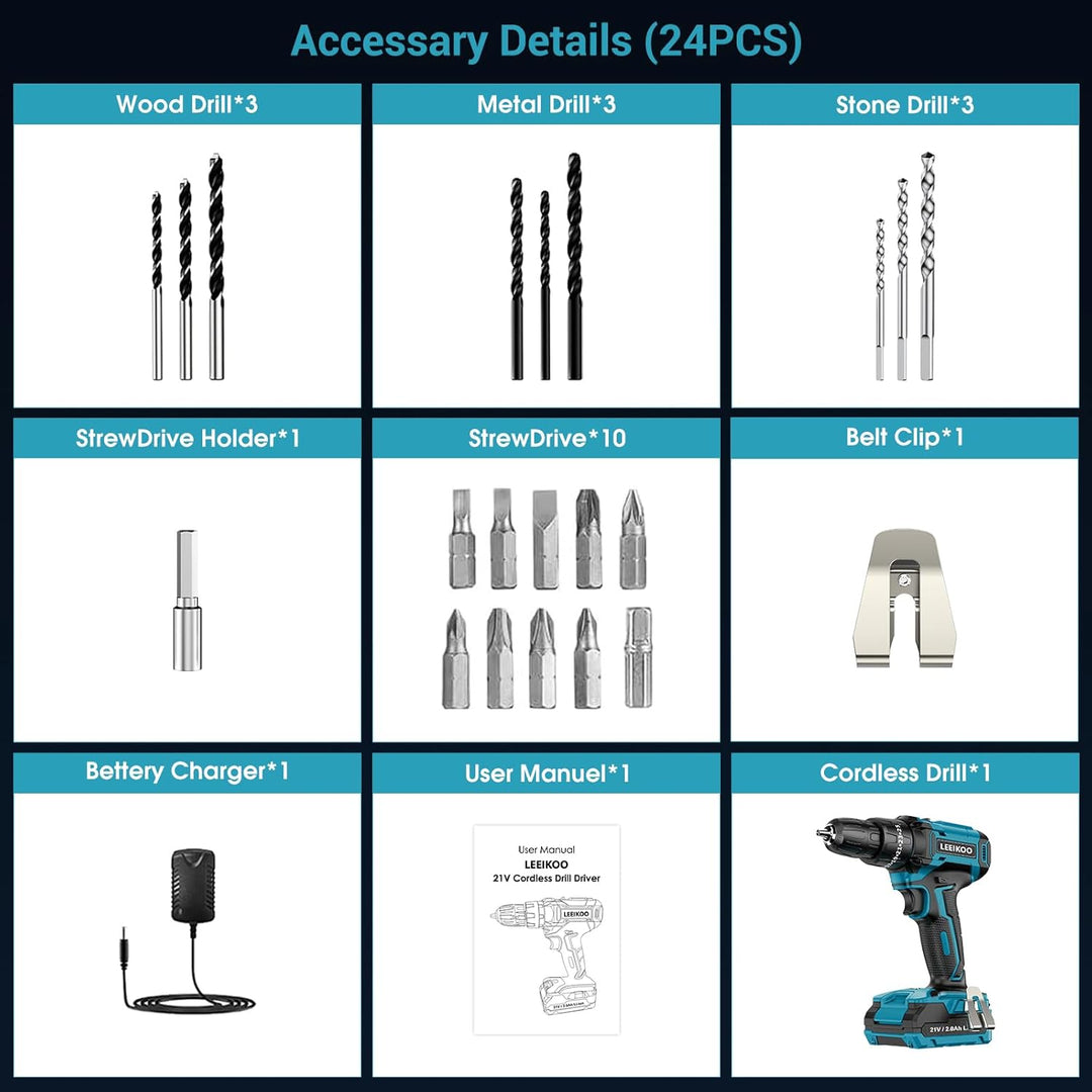 Akkuschrauber 21V, LEEIKOO Akku Bohrschrauber 42N.m, Akku Bohrmaschine, 25+3 Drehmomentstufen, 10mm