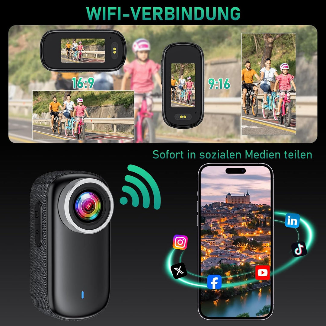 Action Kamera WiFi 4K, Wasserdicht Mini Action Helmkamera, 150° WiFi Sport Actionkamera mit 1,47-Zol