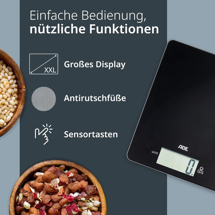 ADE Digitale Küchenwaage mit 5 kg Tragkraft | präzise Grammwaage | grosses Display | extra flacher K