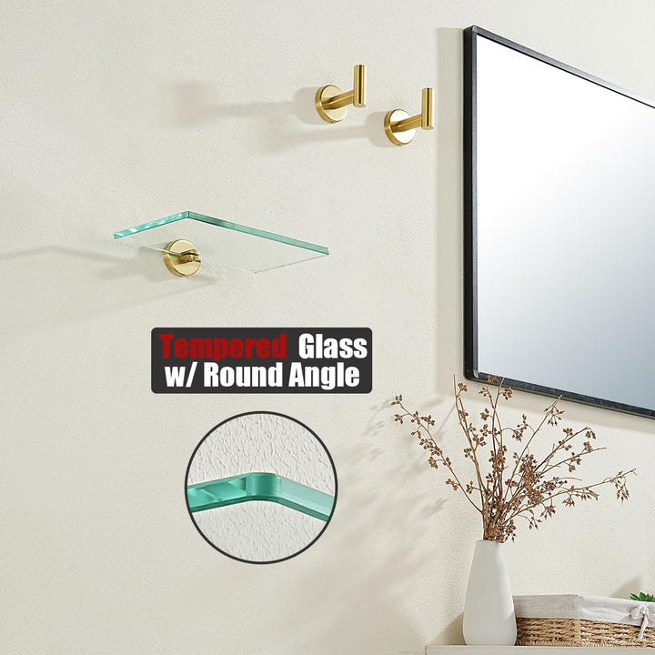 JQK Badezimmer-Glasregal, goldfarben, gehärtetes Glas, Duschaufbewahrung, 20,3 x 12,7 cm, 304 Edelst