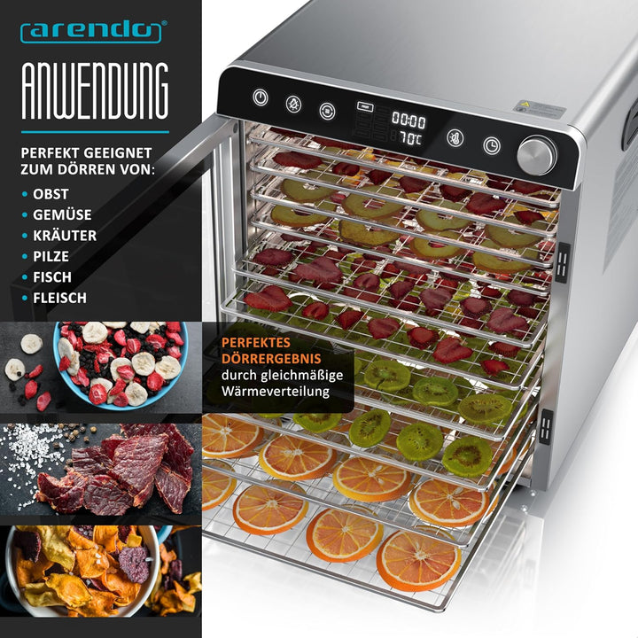 Arendo - Dörrautomat Edelstahl mit 10 Edelstahlgitter - 8400 cm² - Dörrgerät Dehydrator Obsttrockner