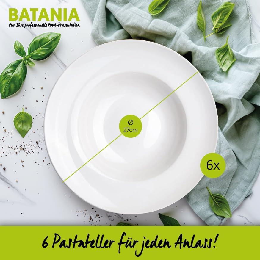 BATANIA 6x Pastateller Bianco rund Ø 27 cm Weiss - hochwertiges Porzellan, mikrowellen- und spülmasc