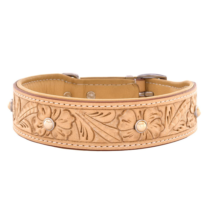MICHUR Rafael Hundehalsband Leder, Lederhalsband Hund, Halsband, BEIGE, Leder, mit gestanzten Blumen