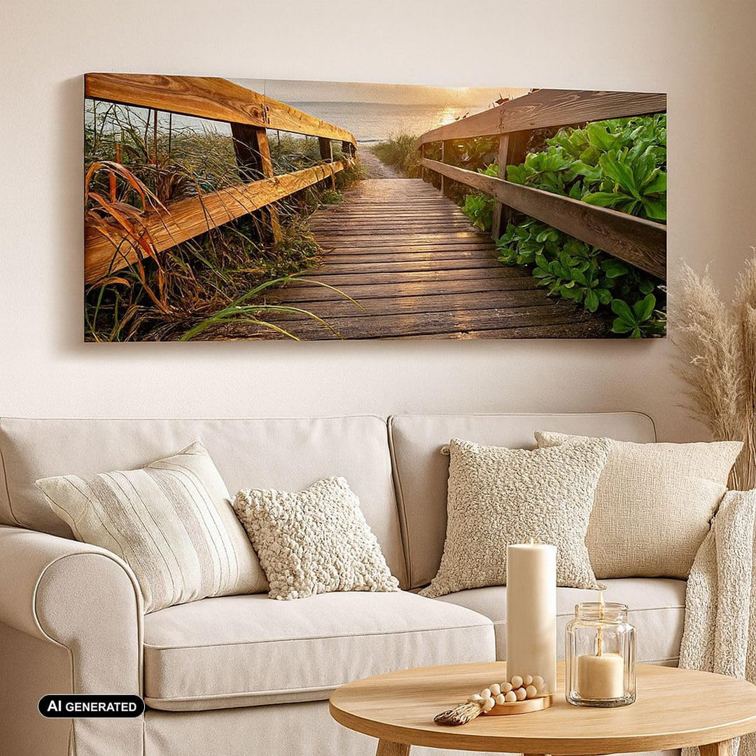 Wandbilder Dekoration Wohnzimmer Fussgängerbrücke Meer Strand Ufer Panorama Bilder auf Leinwand 120x