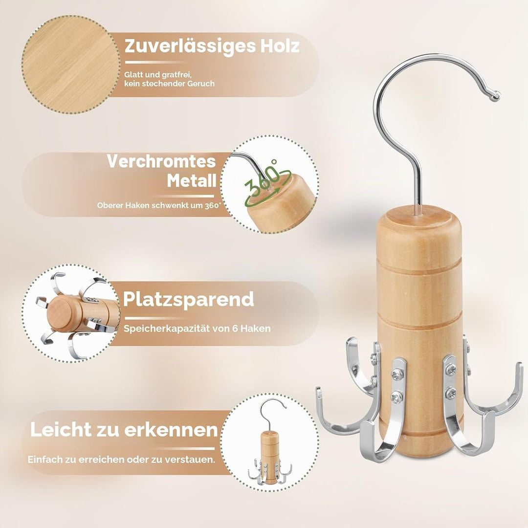 LMSAWK Kleiderbügel aus Holz für Gürtel, Organizer für Krawattenschränke, 6er Haken, 360° Drehung (H