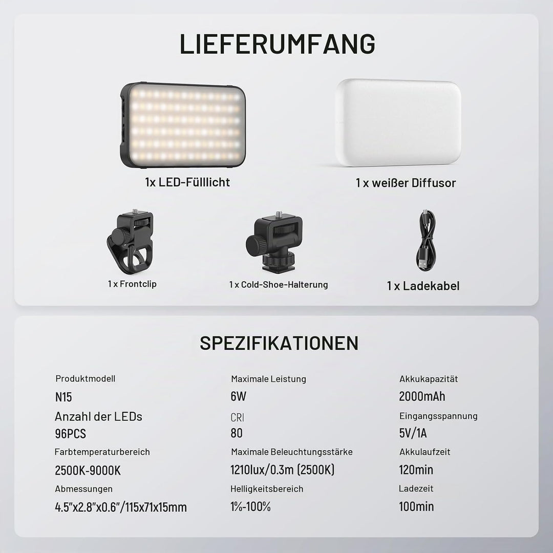 NEEWER Entry Level Version Magnetisches Selfie Licht kompatibel mit iPhone, 2500-9000K CRI80 2000mAh