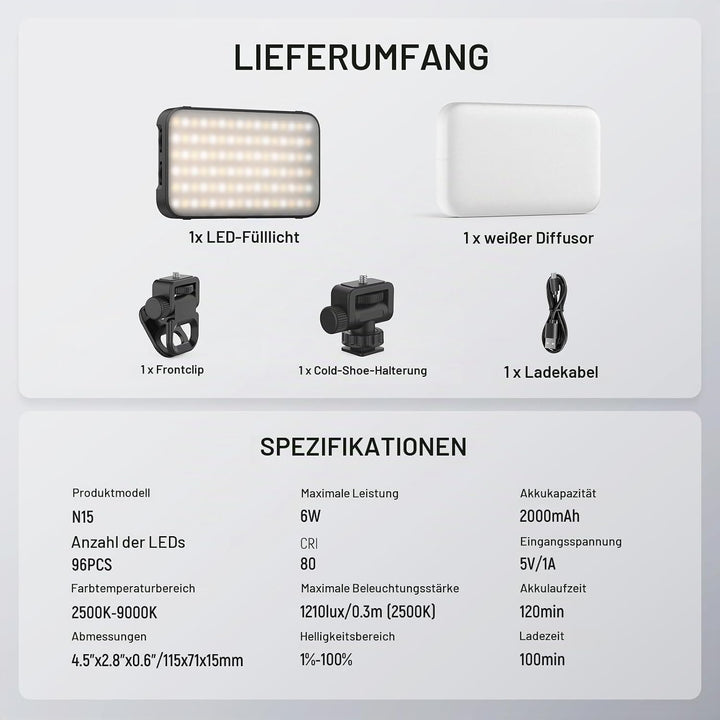 NEEWER Entry Level Version Magnetisches Selfie Licht kompatibel mit iPhone, 2500-9000K CRI80 2000mAh