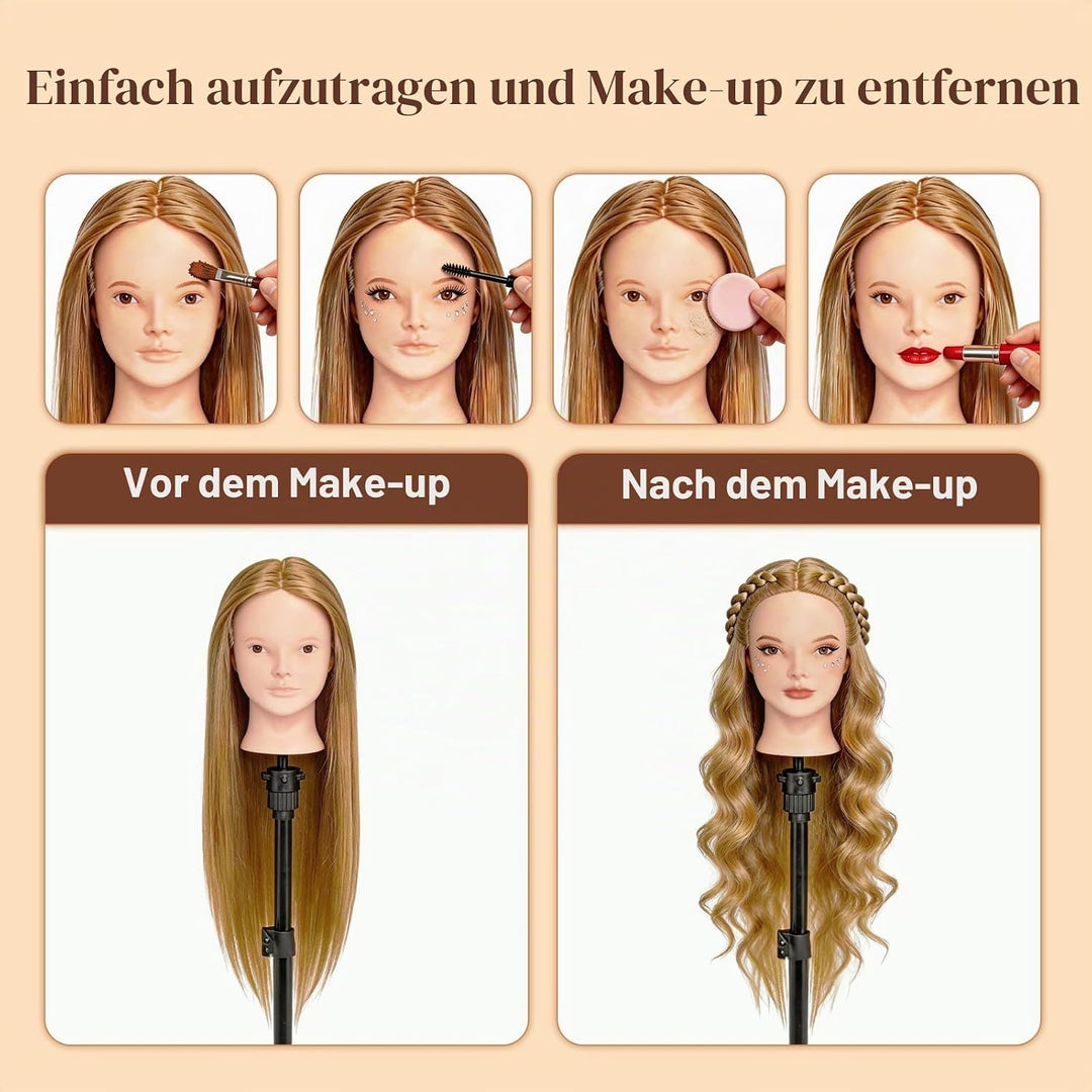 Yofuly 26Zoll/66cm Frisierkopf, 80% Echthaar Übungskopf, Make-up Frisieren Trainingsköpfe, Mannequin