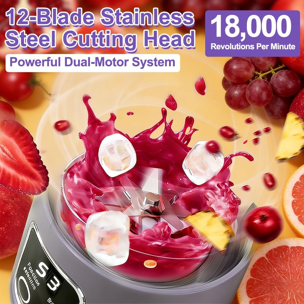 Tragbarer Mixer Smoothie Maker, 450ml USB Mini Mixer to Go mit Digitalanzeige, 12-Klingen Portable B