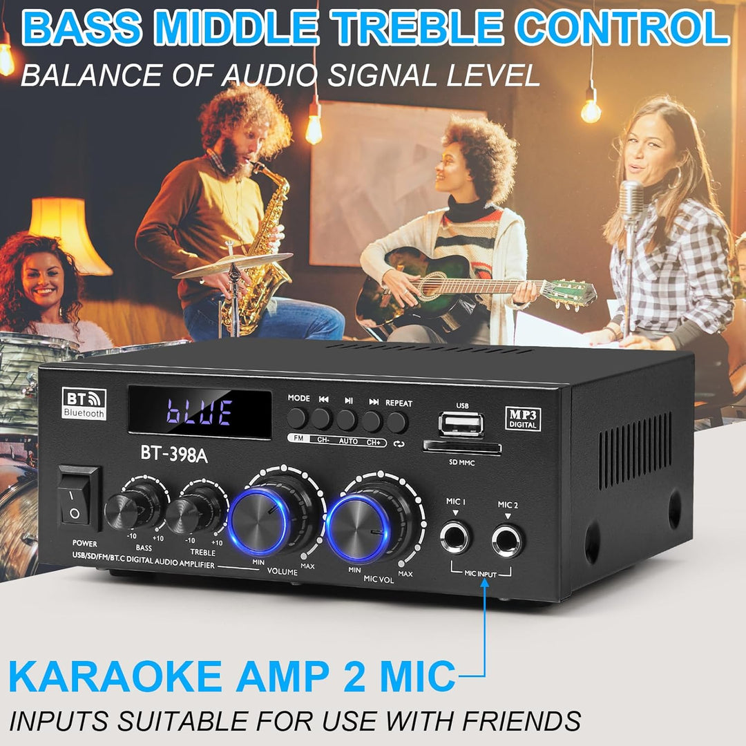 HiFi Stereo Verstärker, 450Wx2, 2-Kanal Mini Bluetooth Verstärker mit w/UKW-Radio, USB/SD, optischen