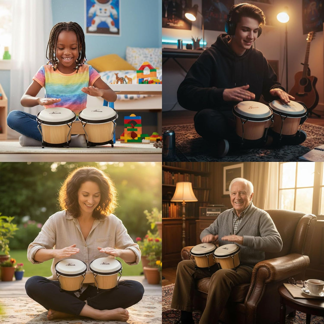 XDrum Bongos Club - 6" Macho und 7" Hembra - Naturfelle - professionelles Stimmsystem - Schwarz sati