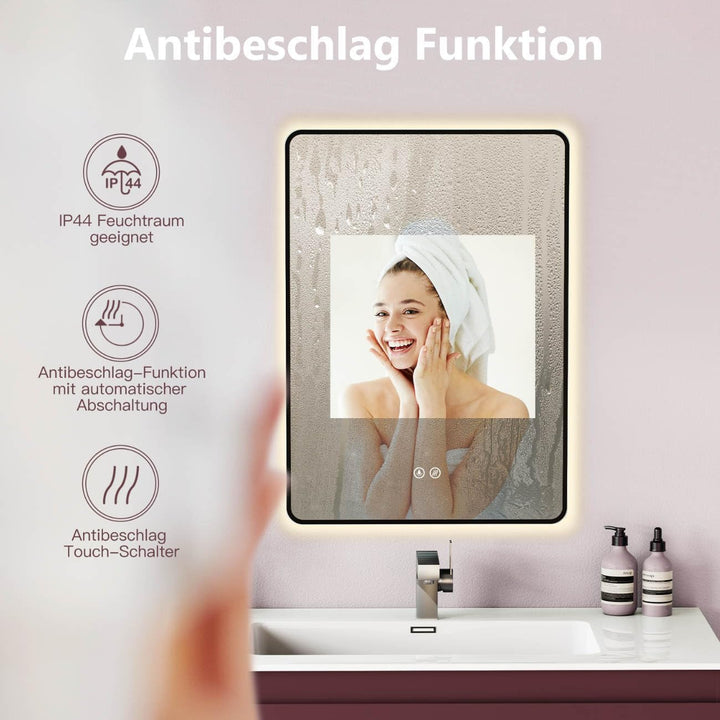 HOKO Antibeschlag LED Badspiegel 50x70 cm / 70x50 cm Kalifornien mit Schwarzer Metallrahmen, HOCH+QU
