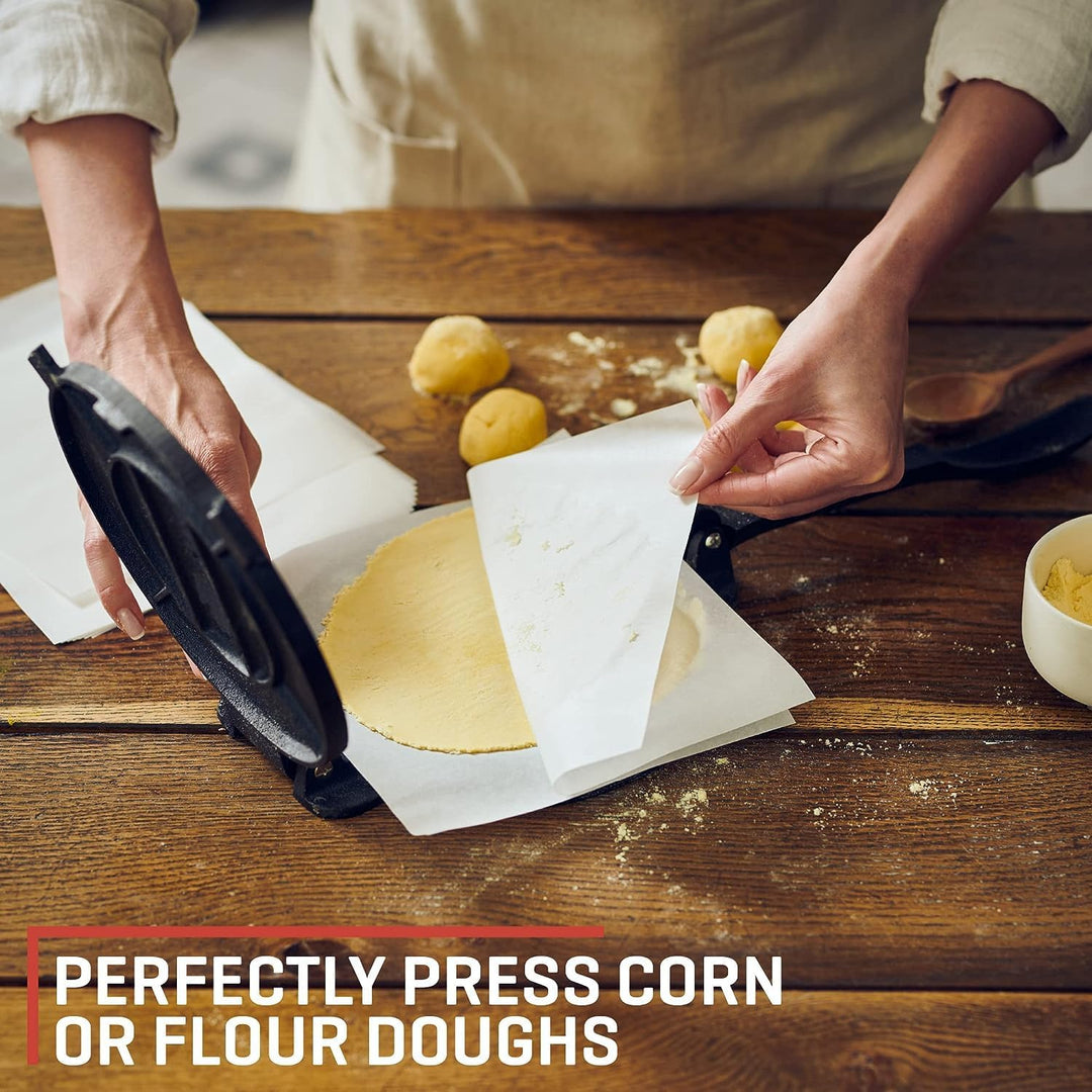 Uno Casa Tortilla Presse 25 cm aus Gusseisen – Taco Presse und Roti Maker - Plus 100 Blatt Backpapie