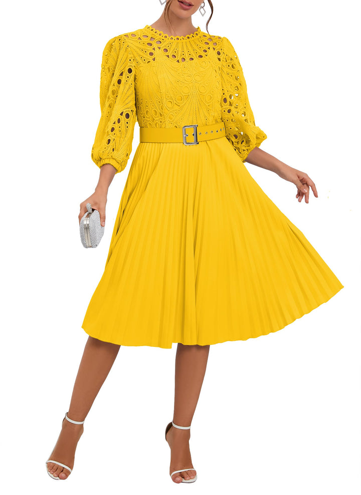 Spitzenkleid, plissiert, Puffärmel, wadenlang, kurze Ärmel, Midi-Kleid, hohles Party-Abendkleid XL G