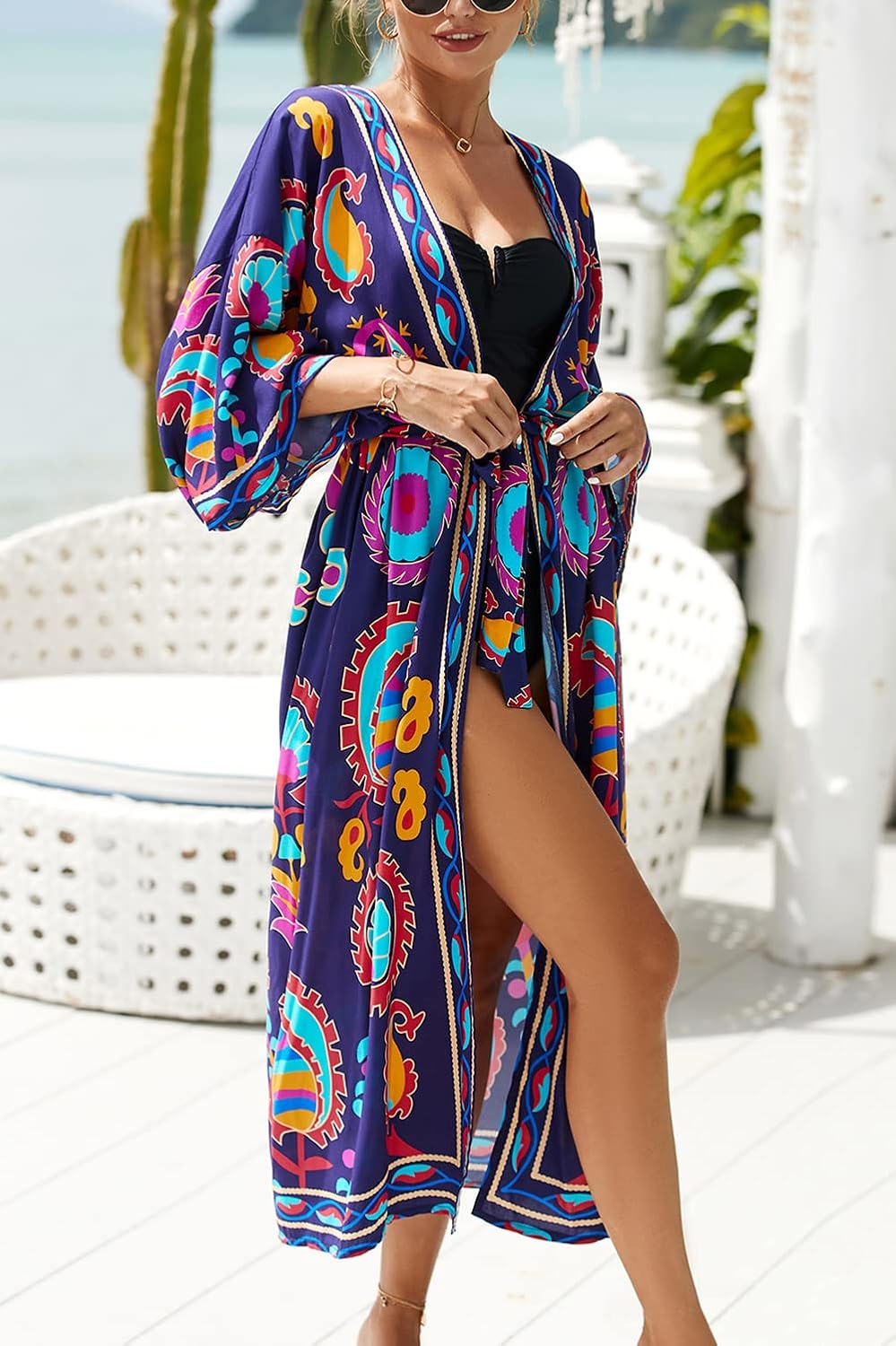 Frauen Sommer Langer Kaftan Maxi Böhmisches Kleid Strand Vertuschungsrobe Geräumiger Kimono Einheits