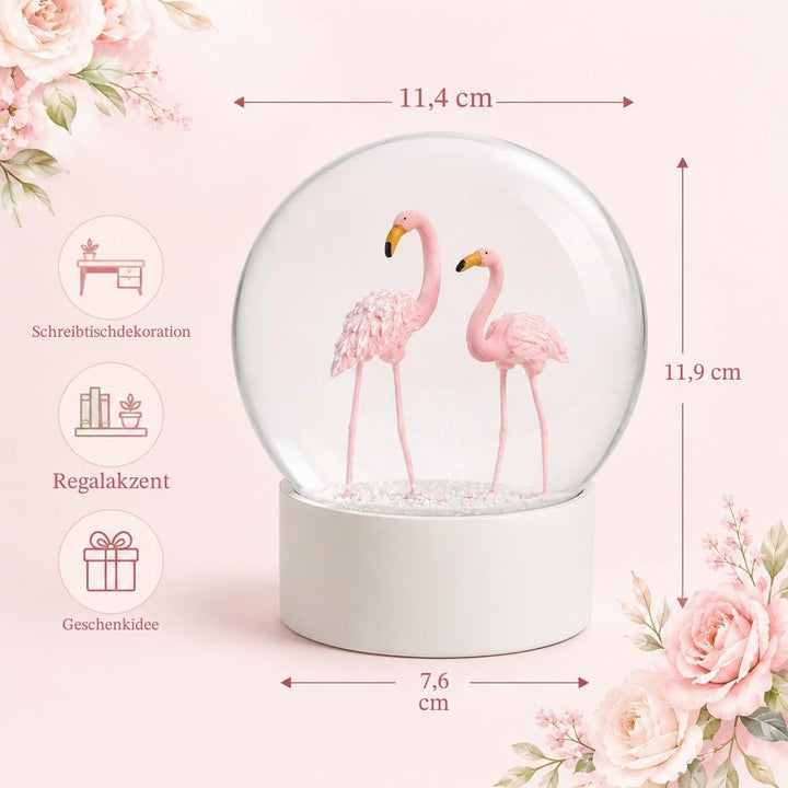 Mingfuxin Flamingo Schneekugel Kristallkugel mit weissem Sockel, weisse Flocken, Glas-Schneekugel Fl