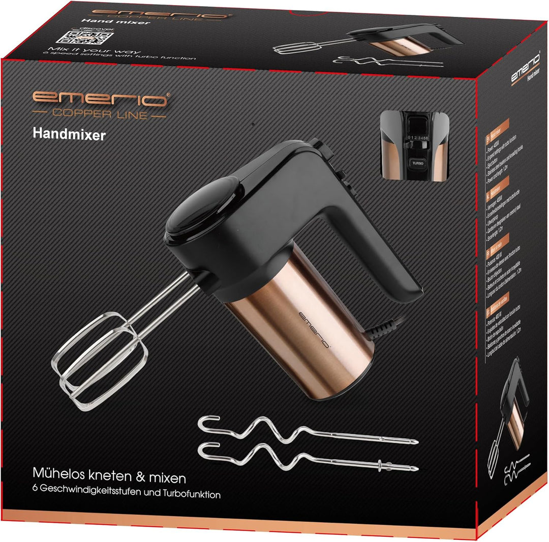 EMERIO elektrischer Handmixer Handrührer Mixer Handrührgerät | 400 Watt | 6 Geschwindigkeiten & Turb