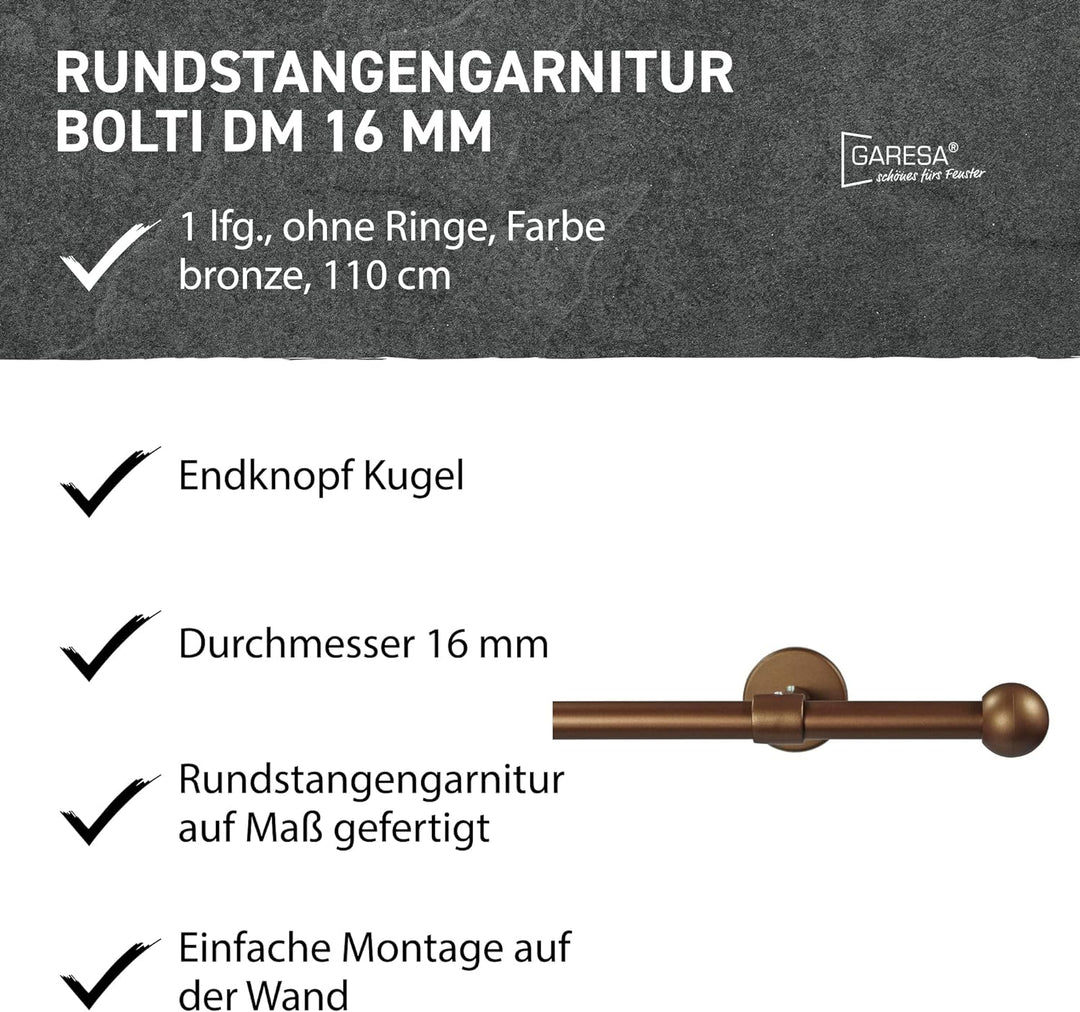 Garesa Gardinenstange Bolti Ø 16mm, 1-läufig, Bronze I Stabile Vorhangstange ohne Ringe I Mit Endkno
