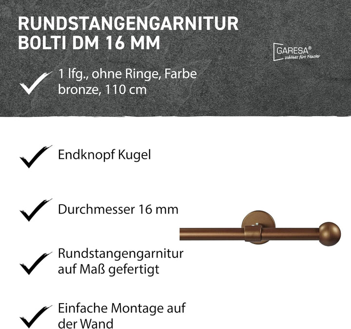 Garesa Gardinenstange Bolti Ø 16mm, 1-läufig, Bronze I Stabile Vorhangstange ohne Ringe I Mit Endkno