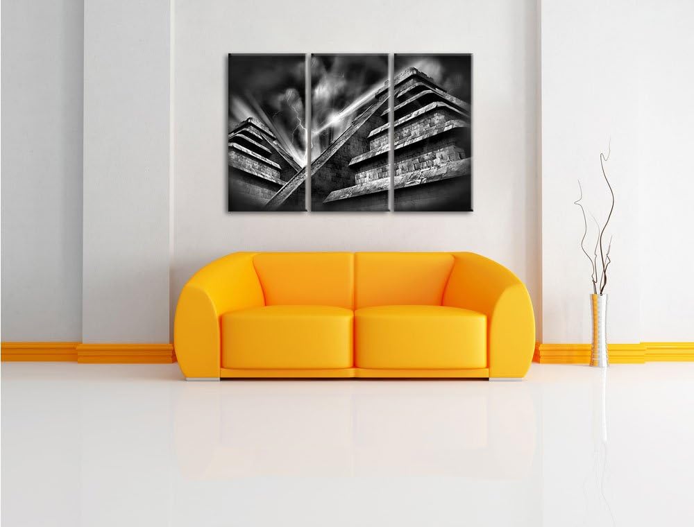 Pixxprint Monocrome, Majatempel bei Gewitter 3-Teiler Leinwandbild 120x80 Bild auf Leinwand