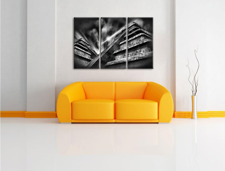 Pixxprint Monocrome, Majatempel bei Gewitter 3-Teiler Leinwandbild 120x80 Bild auf Leinwand