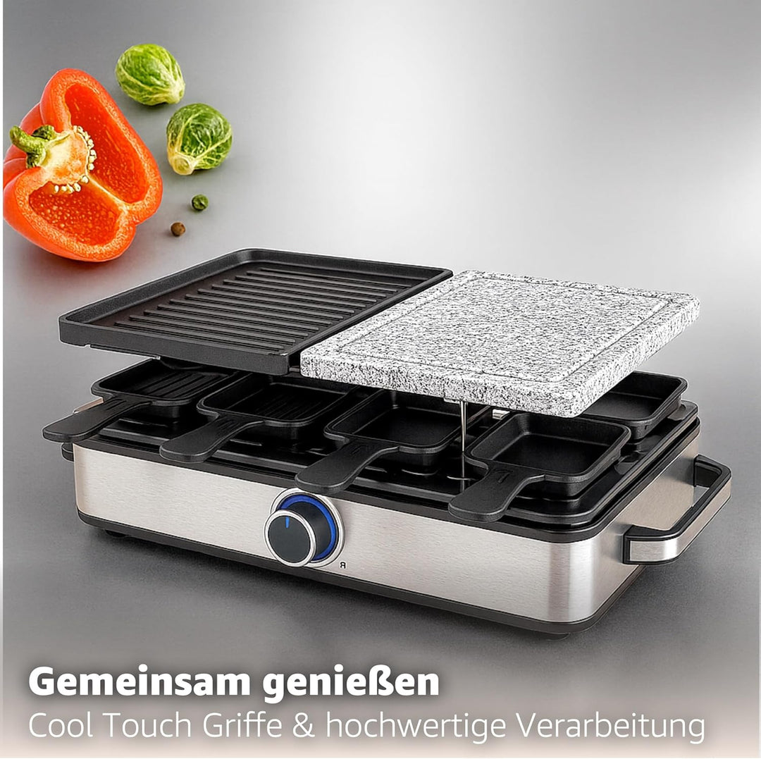 Raclette Set für 8x Personen - antihaftbeschichtet- Tischgrill inkl. Pfännchen & Schaber (Eckig), Ec
