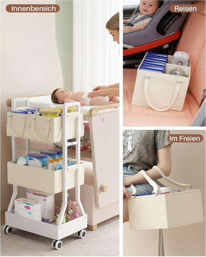 Wickeltisch Organizer, 3 Etagen Wickeltisch Rollwagen mit Abnehmbar Wickelkorb, 2 in1 Baby-Windelwag