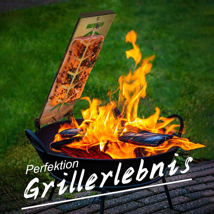 Flammlachsbrett | Extra breit 18cm Fisch Grillhalter Edelstahl | Grillzubehör für Feuerschale und Ku