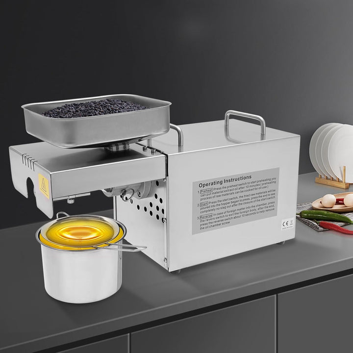 UHDUIG Ölpresse Öl Pressmaschine Elektrische Edelstahl Ölmühle 800W 60rpm 0-250℃ Kalt und Heiss Ölex